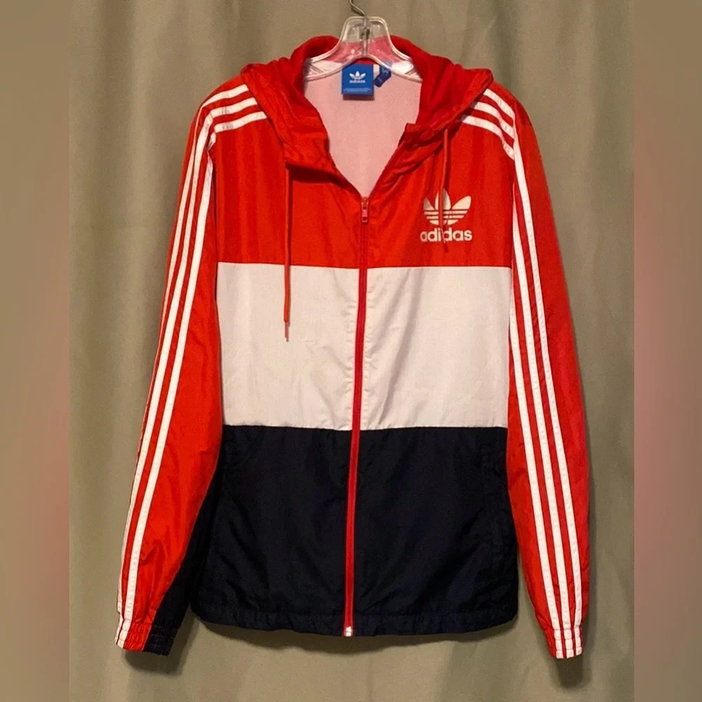 Adidas Mens CLFN Hooded Windbreaker Jacket Trefoil Red-Muti Color Mens M